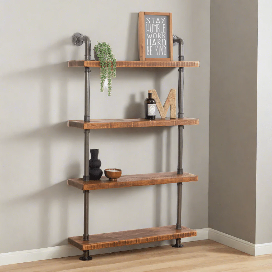 4 Shelf Chunky Pipe Shelving Unit - Floor Mounted