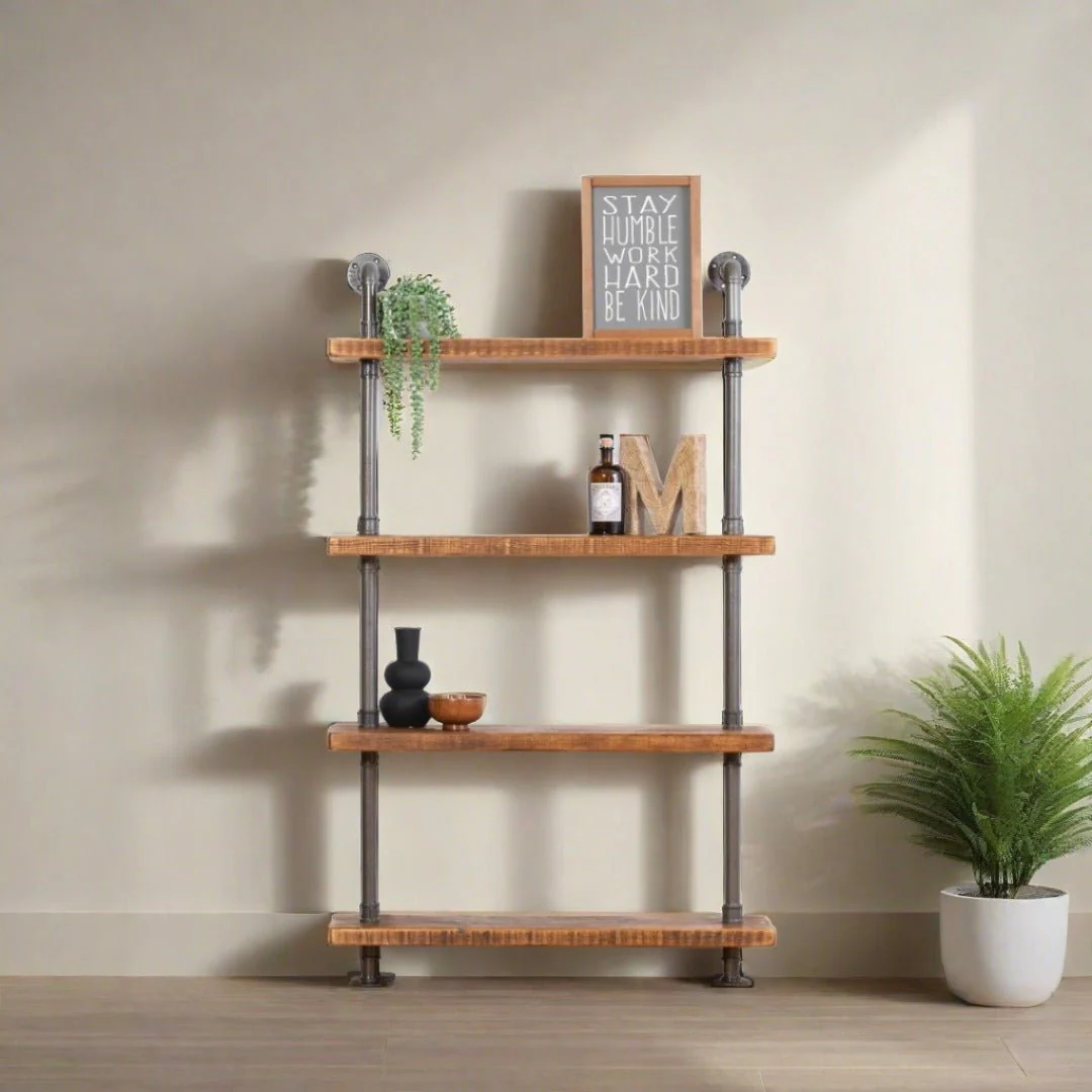 4 Shelf Chunky Pipe Shelving Unit - Floor Mounted - Image 2