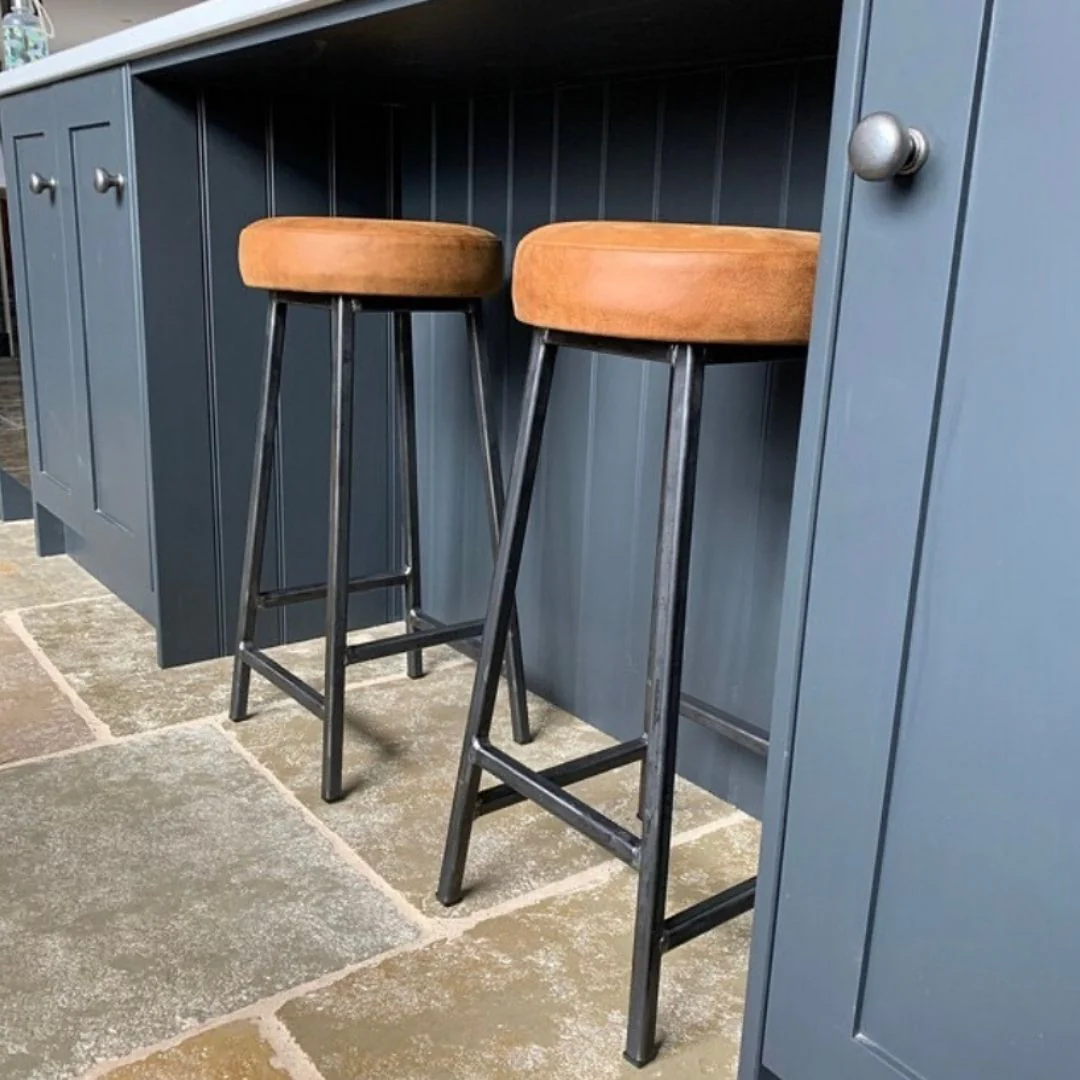 Industrial Bar Stool - 70mm Thick Leather Seat - Image 4